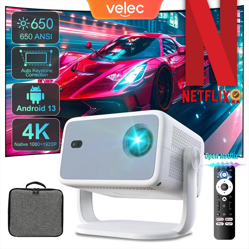 Velec Netflix Certification Projector Android 13 4K Native 1080P 650ANSI With Auto Focus Wifi6 BT5.2 360° Home Outdoor
