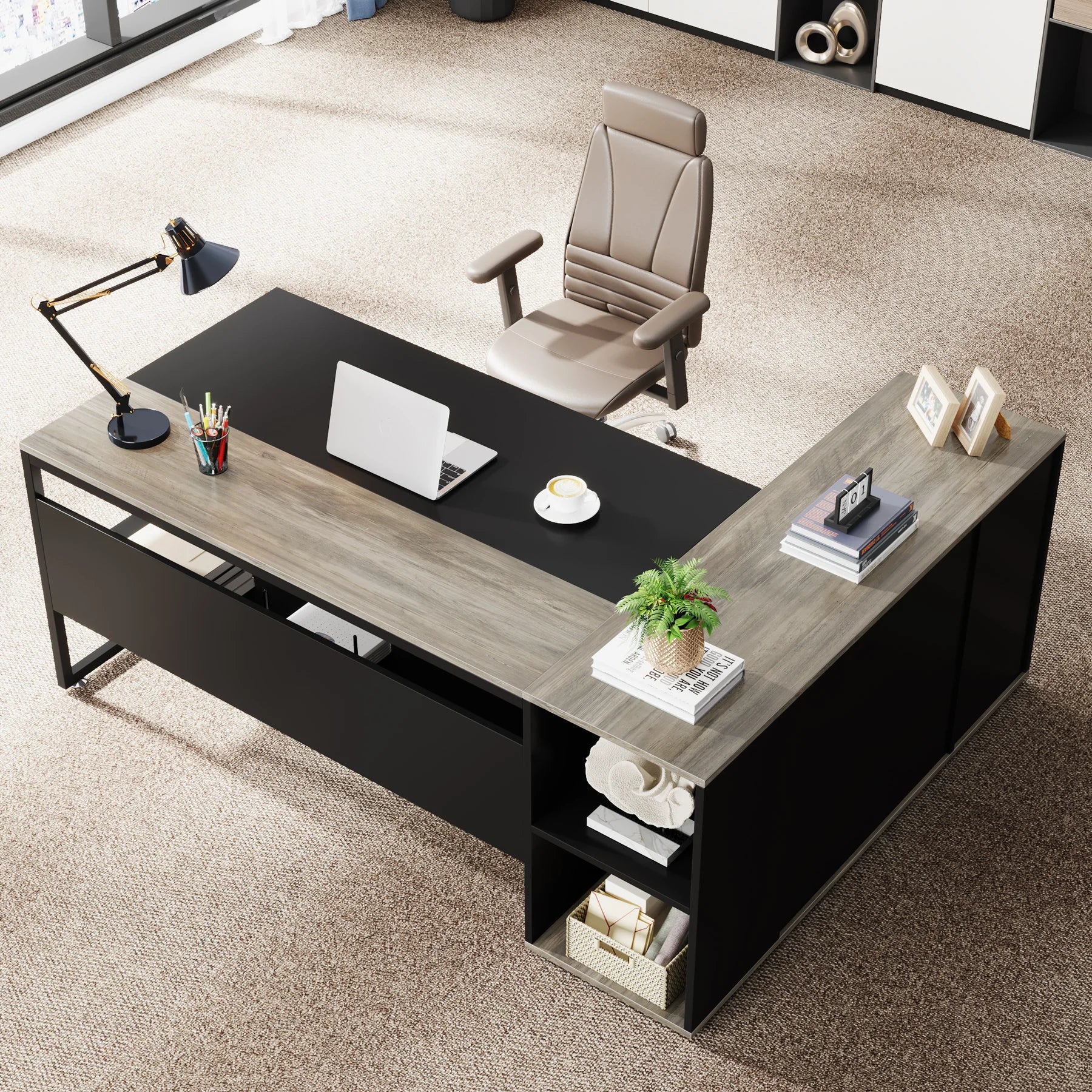 Tribesigns 71 inch Executive Desk L Shaped Desk with Cabinet Storage Executive Office Desk with Shelves - DARK GRAY