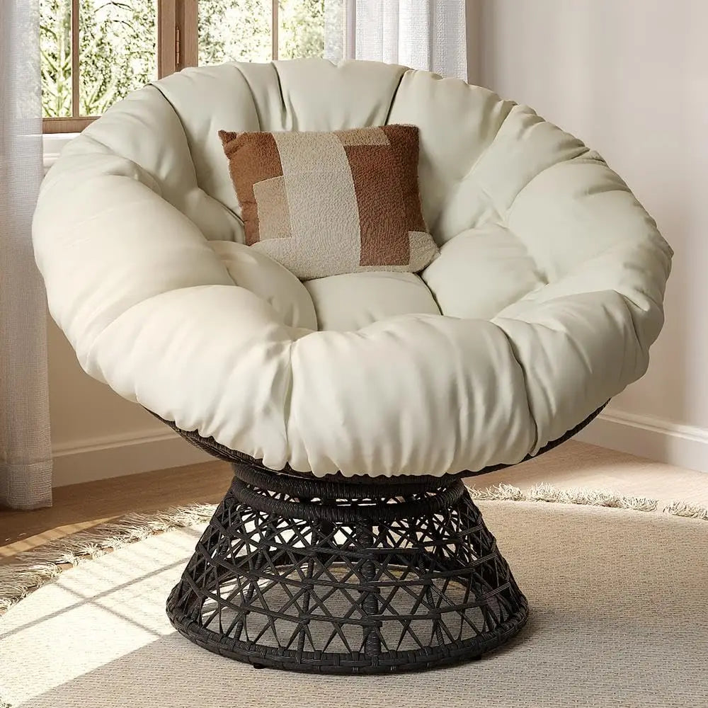 Indoor Papasan Chairs with Thick Tufted Cushions and Frame Swivel Wicker Ergonomic Lounge Reading Chairs for Living