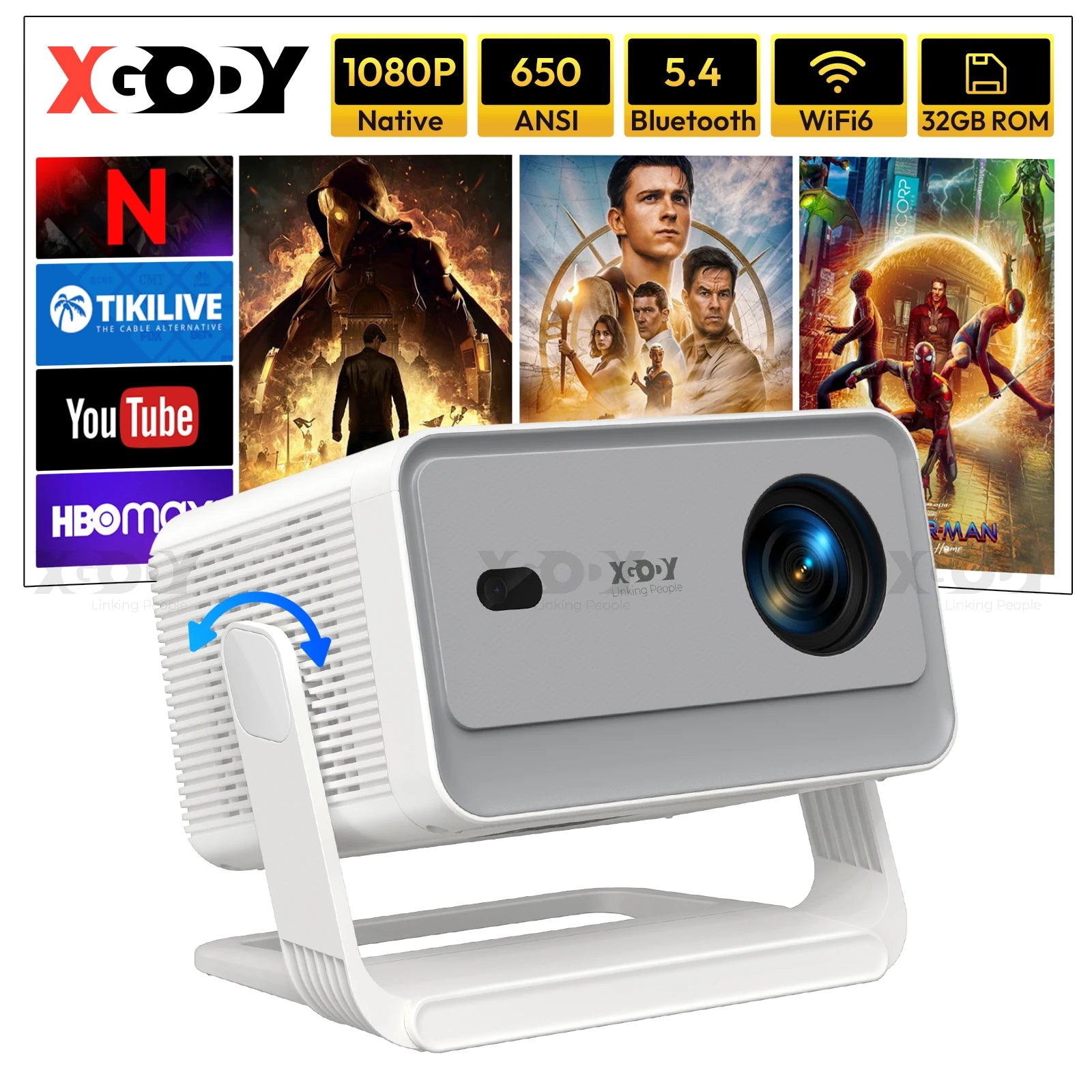 XGODY A6PRO Beamer 650 ANSI 4K Native 1080P Smart Projector Autofocus and Automatic Keystone Correction 360° Portable