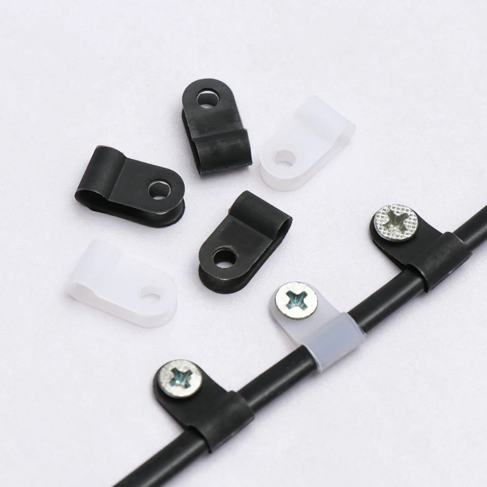 100PCS R-Type Nylon Cable Clamp Plastic P Clips Black Nylon Fasteners Cable Mounting Fix Hardware Electrical Fittings