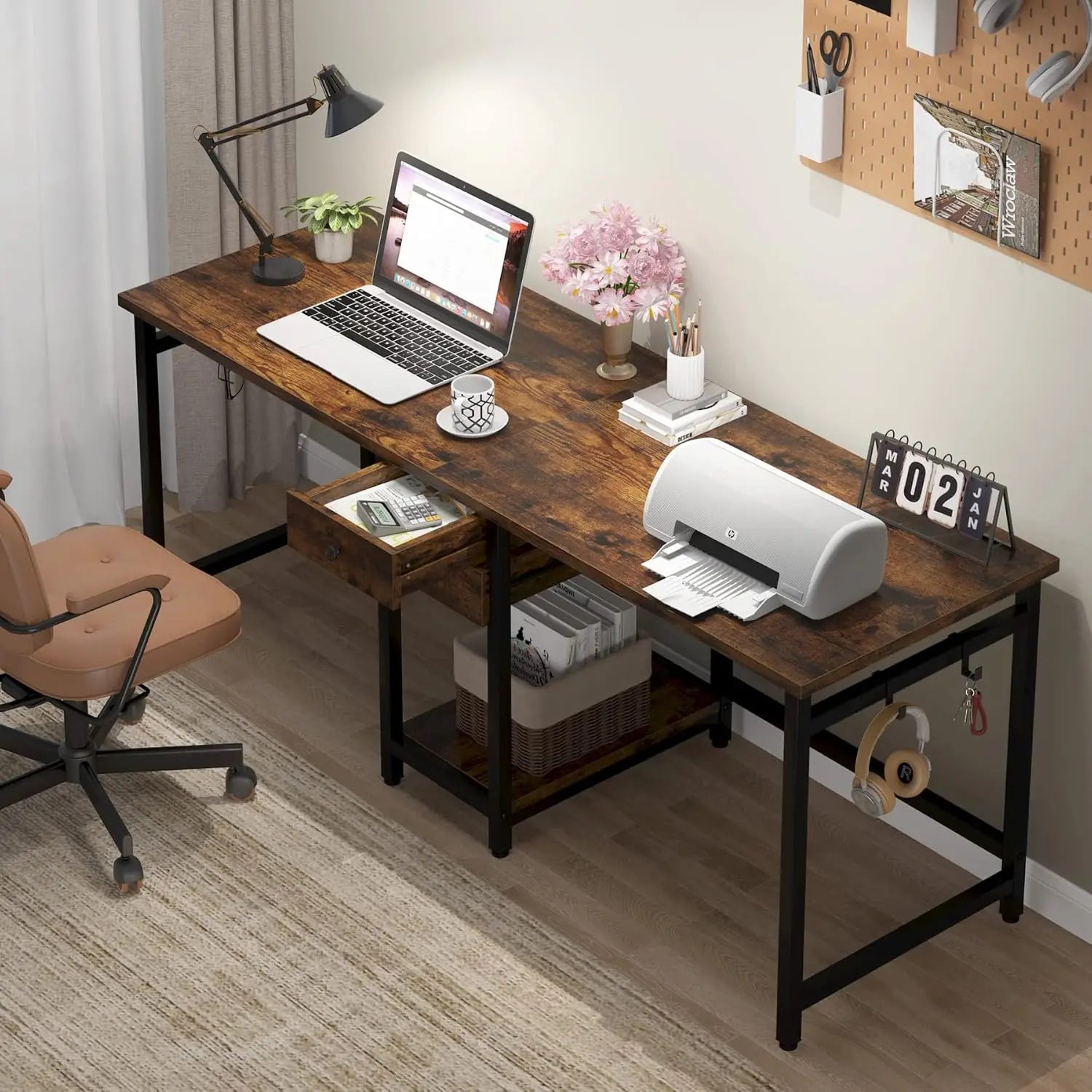 LITTLE TREE 79’’ Double Desk Two Person Desk with Storage Drawer Long Desk Home Office Desks for 2 Person Rustic Brown