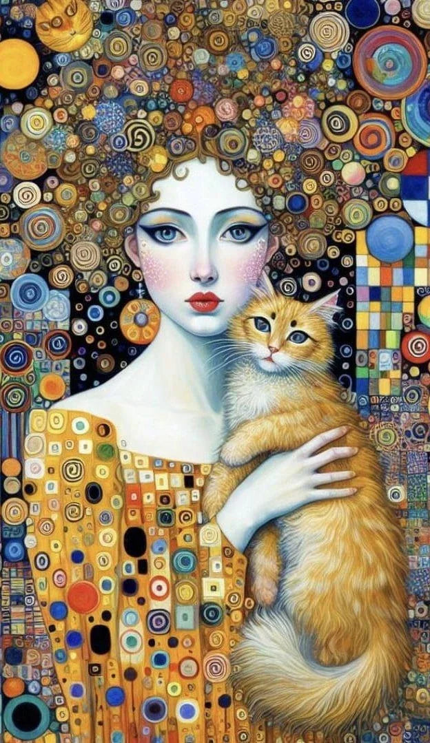 Abstract Woman And Cat Canvas Painting Wall Art Gustav Klimt Art Elegant Girl Poster Prints For Office Living Room Home