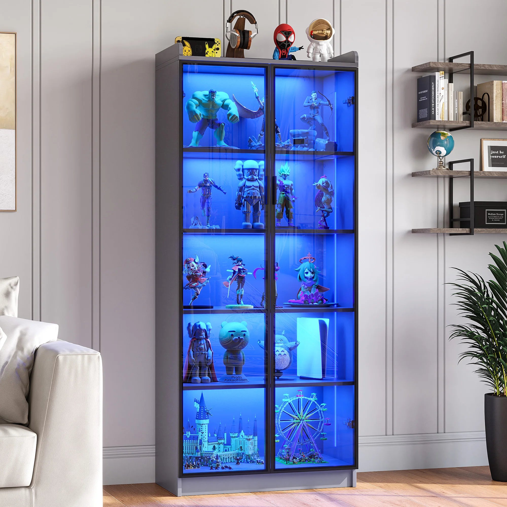 JDPAG Display Cabinet with Doors and Adjustable Shelves 65’’ Tall Bookcase with LED Lights/Human Sensor - grew / United