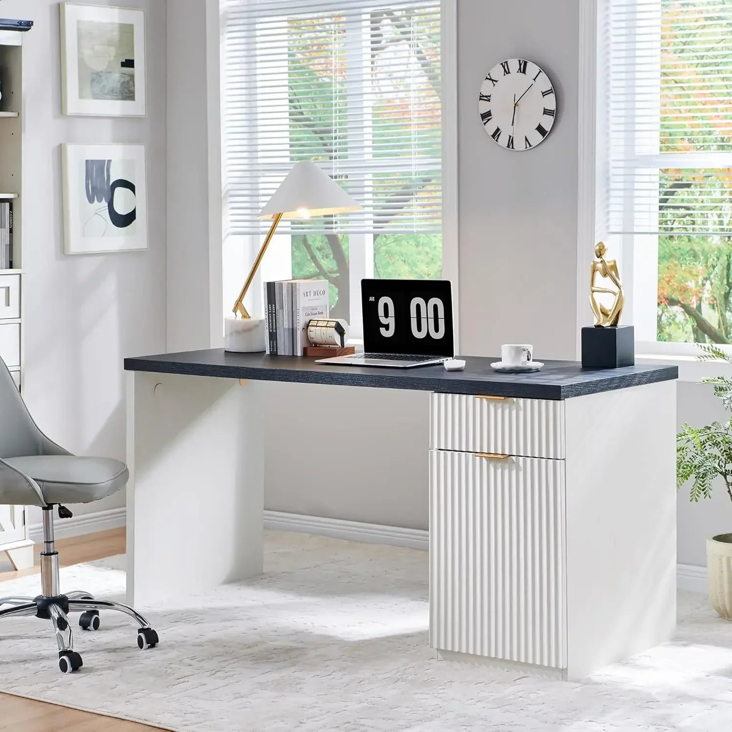 60’’ Modern Executive Desk with Storage Wood Home Office Desk with Drawer & Cabinet Fluted Computer Writing Desk