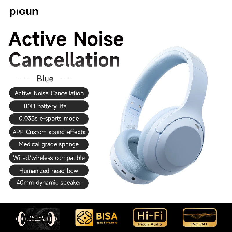Picun F1 ANC Wireless Bluetooth 5.4 Hi-FI Audio Headphones 43dB Adaptive Noise Cancelling Headsets 40mm Driver 80H