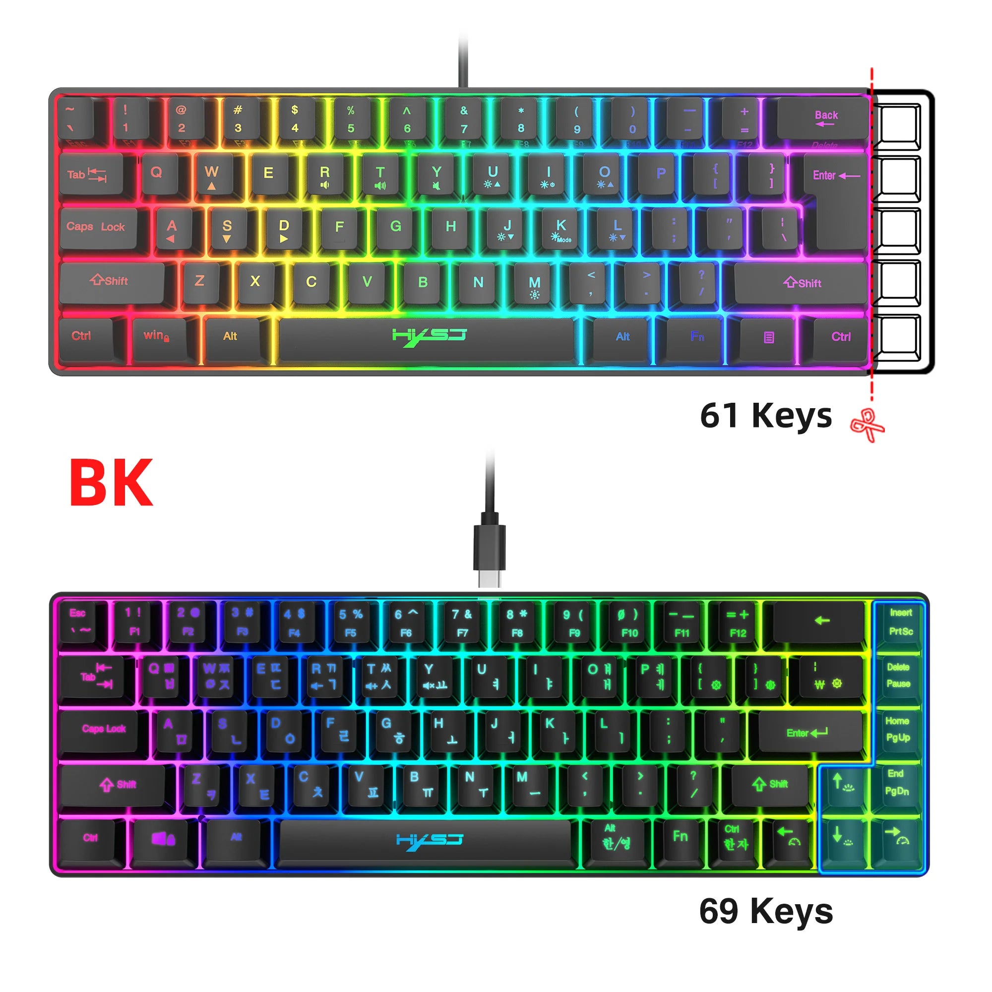 Portable HXSJ V200 68-key Korean gaming Keyboard 65% RGB Backlit Wired office membrane Keyboard for Desktop PC