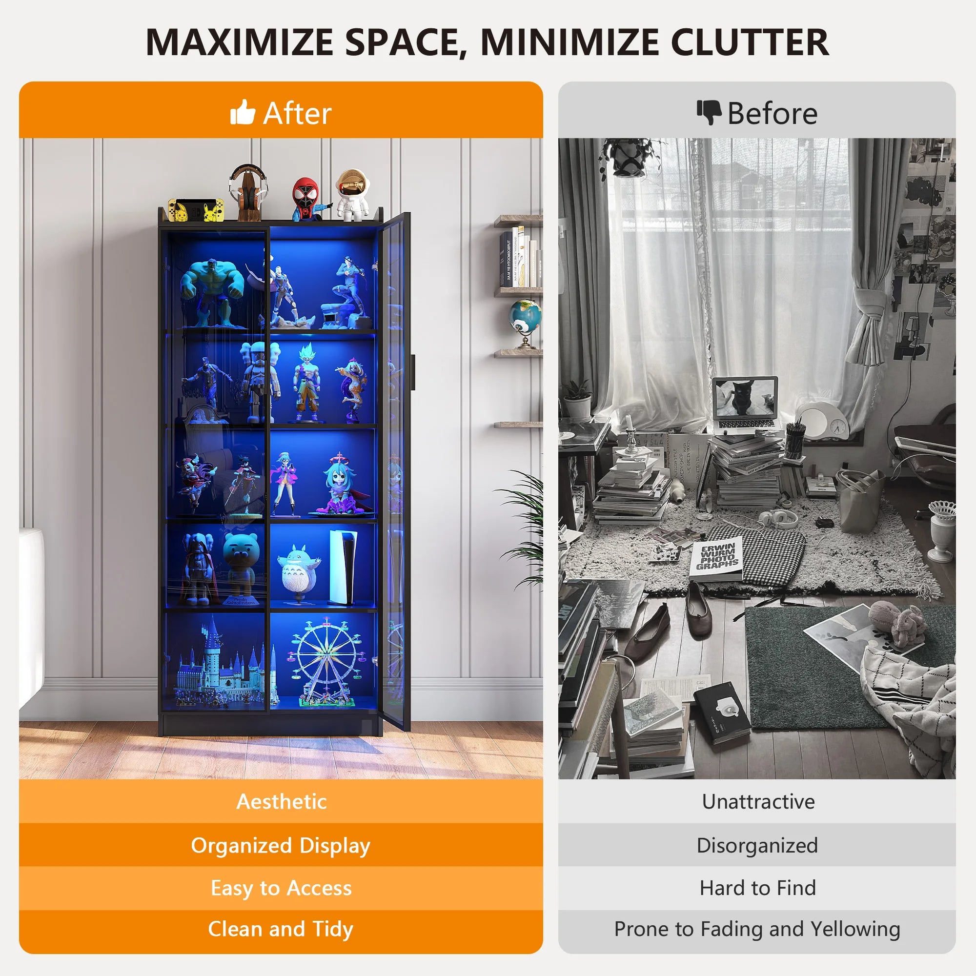 JDPAG Display Cabinet with Doors and Adjustable Shelves 65’’ Tall Bookcase with LED Lights/Human Sensor