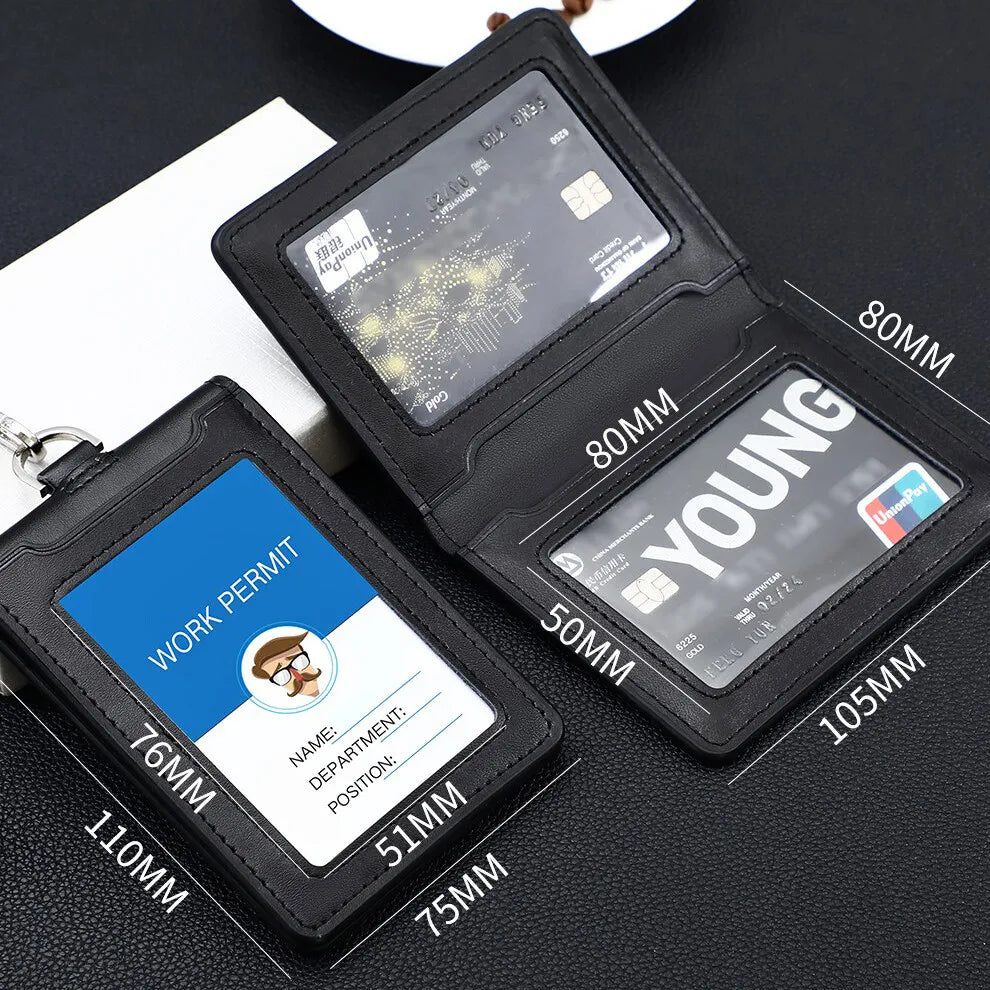 Professional Durable ID Card Holder Business Real Leather Office Staff Badge Cases with Lanyard Aviation Style