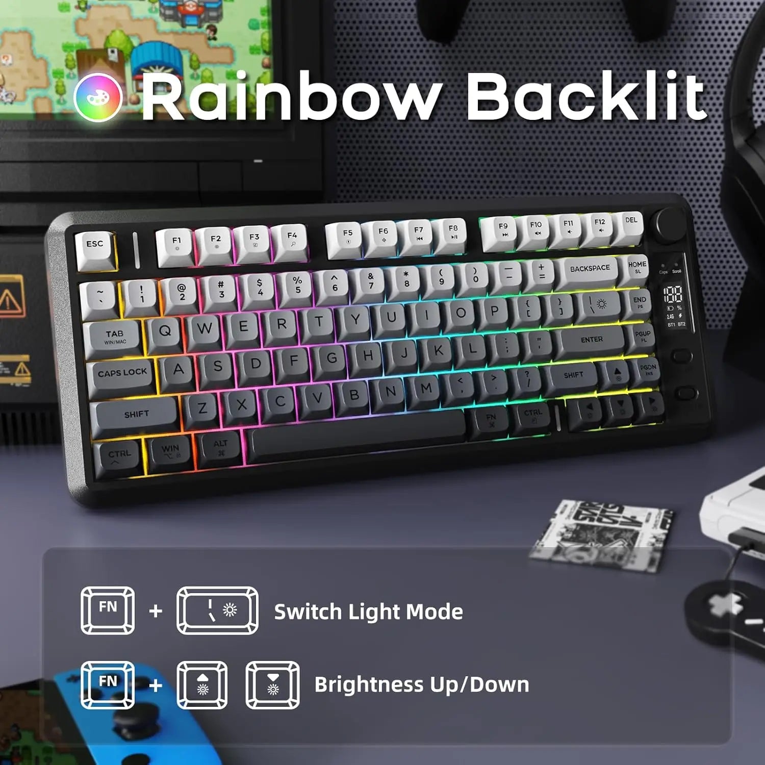 ATTACK SHARK M75 Wireless Membrane Gaming Keyboard with Knob&OLED Display Bluetooth/2.4Ghz Rainbow Backlit Gradient PBT