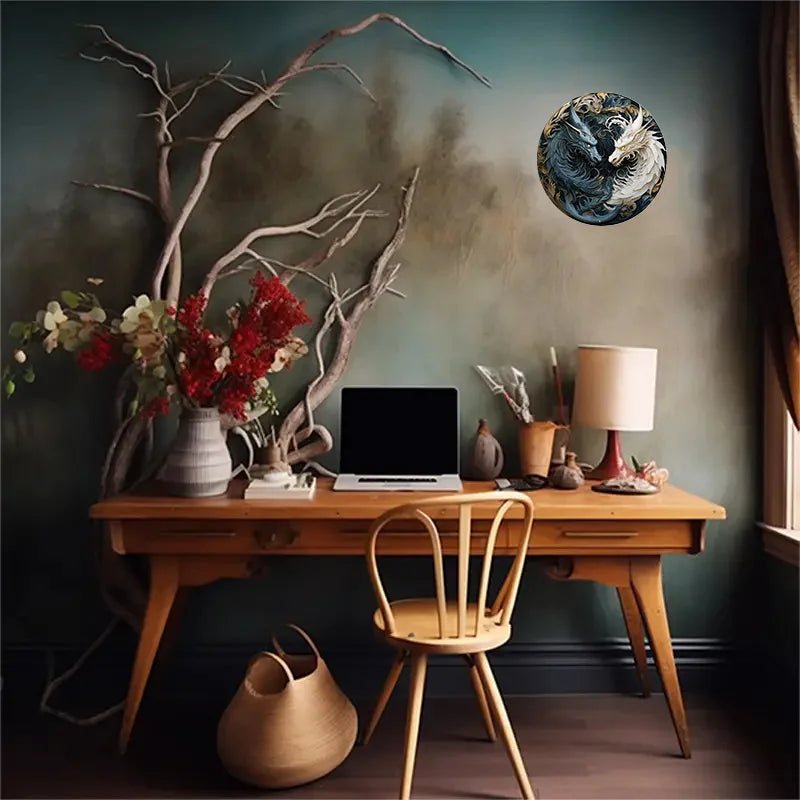 Round Metal Aluminum Mark Dragon Sculpture Style for Home Living Room Coffee Shop Office Wall Decoration Art