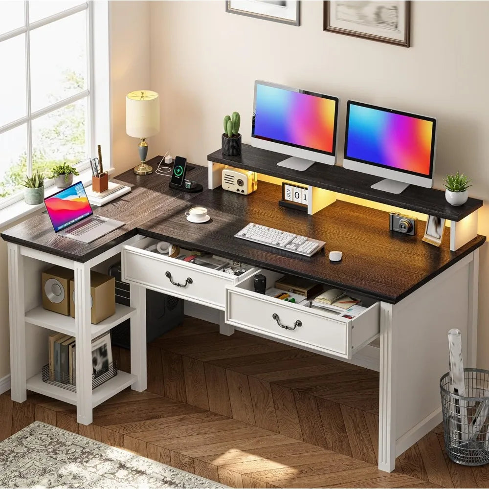 55’’ L Shaped Farmhouse Desk with Drawers Sturdy & Durable Computer Desk with Power Outlets & LED Lights - Black white