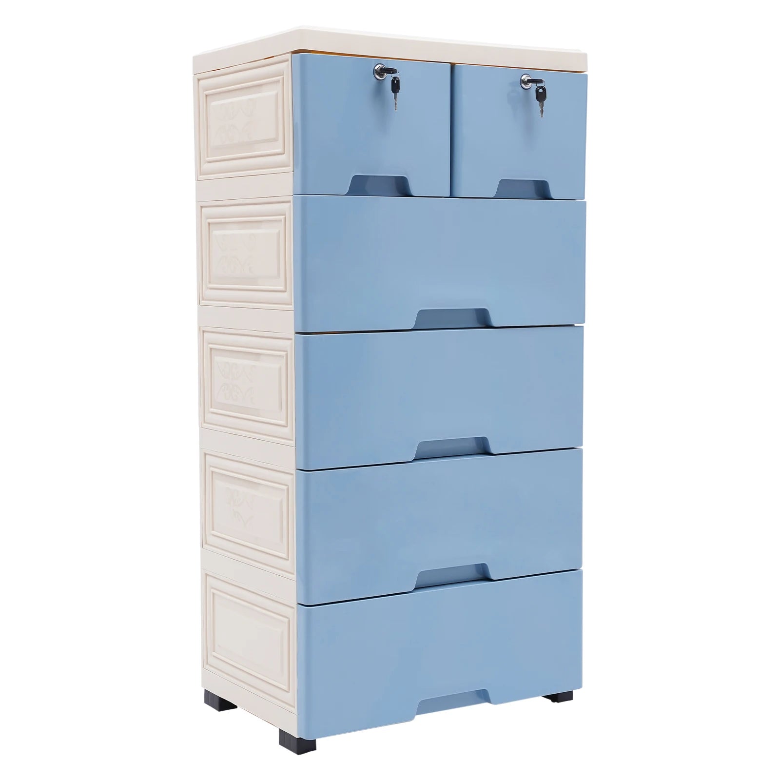 Drawer Cabinet Blue with 4 Wheels and 4 Keys PP Material Modern Simple Rectangle Storage Cabinet Organizer for Bedroom