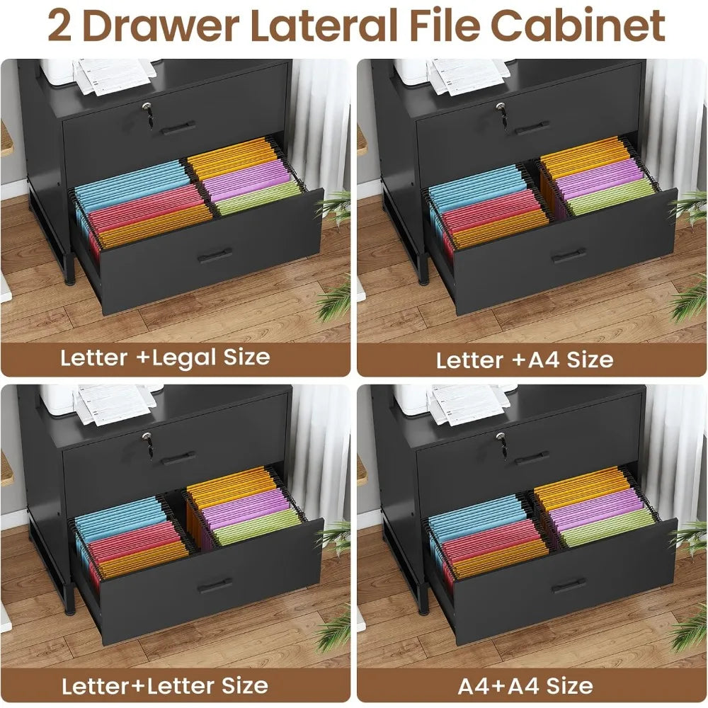 2 Drawer File Cabinet with Lock & Charging Station Filing Cabinet Fits Letter Legal A4 Size Multi-Functional Office