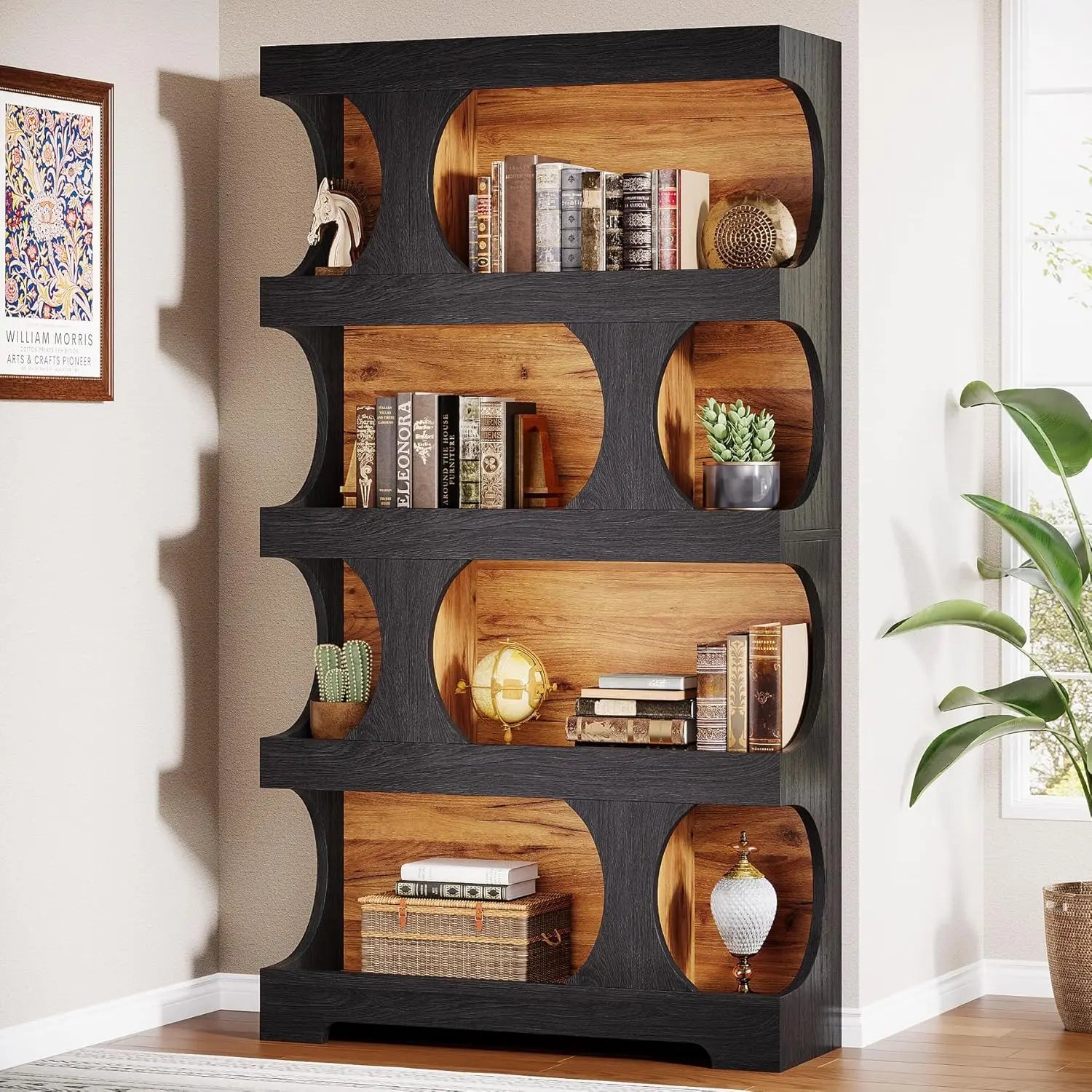Black Bookcase Modern Bookshelf 4-Tier Freestanding Display Shelf with Classic Shape for Living Room Home Office