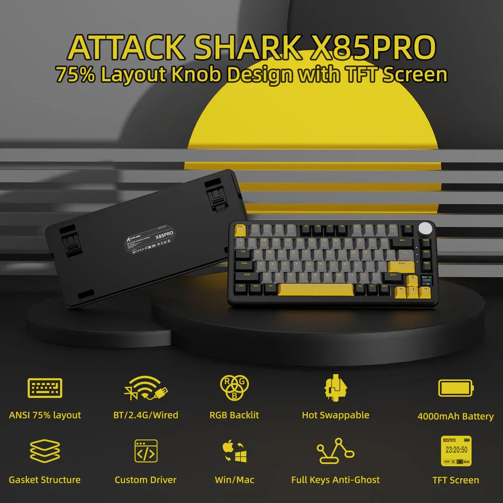 ATTACK SHARK X85Pro Hot Swappable Mechanical Gaming Keyboard Display&Knob BT5.1/2.4Ghz/USB-C,RGB,75% Custom Keyboard