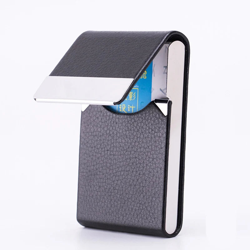 1 PC Business Card Holder Case Man Slim PU Leather Metal Pocket Card Holder with Magnetic Shut Black Name Card Holder
