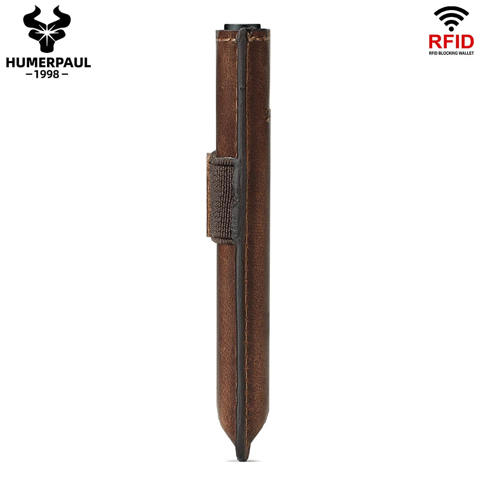 HUMERPAUL Slim Men’s Credit Card Holder Wallet Genuine Leather Pop Up Aluminum Card Box RFID Blocking Smart Walets