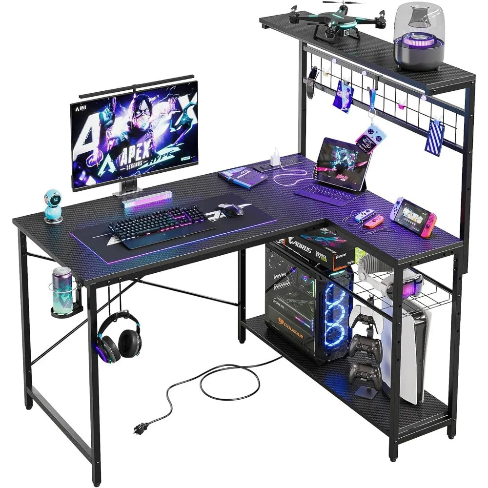 42 L Gaming Desk,Computer Desk with Power Outlets LED Lights Reversible Corner Desk with 4-Tier Shelves,Cup Holder & H