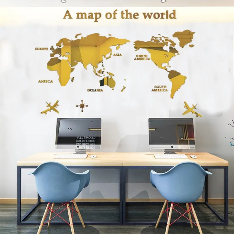 Nordic World Map Acrylic 3D Wall Decal Office Study Living Room Sofa Background Wall Decoration - golden / S 80cmX40cm
