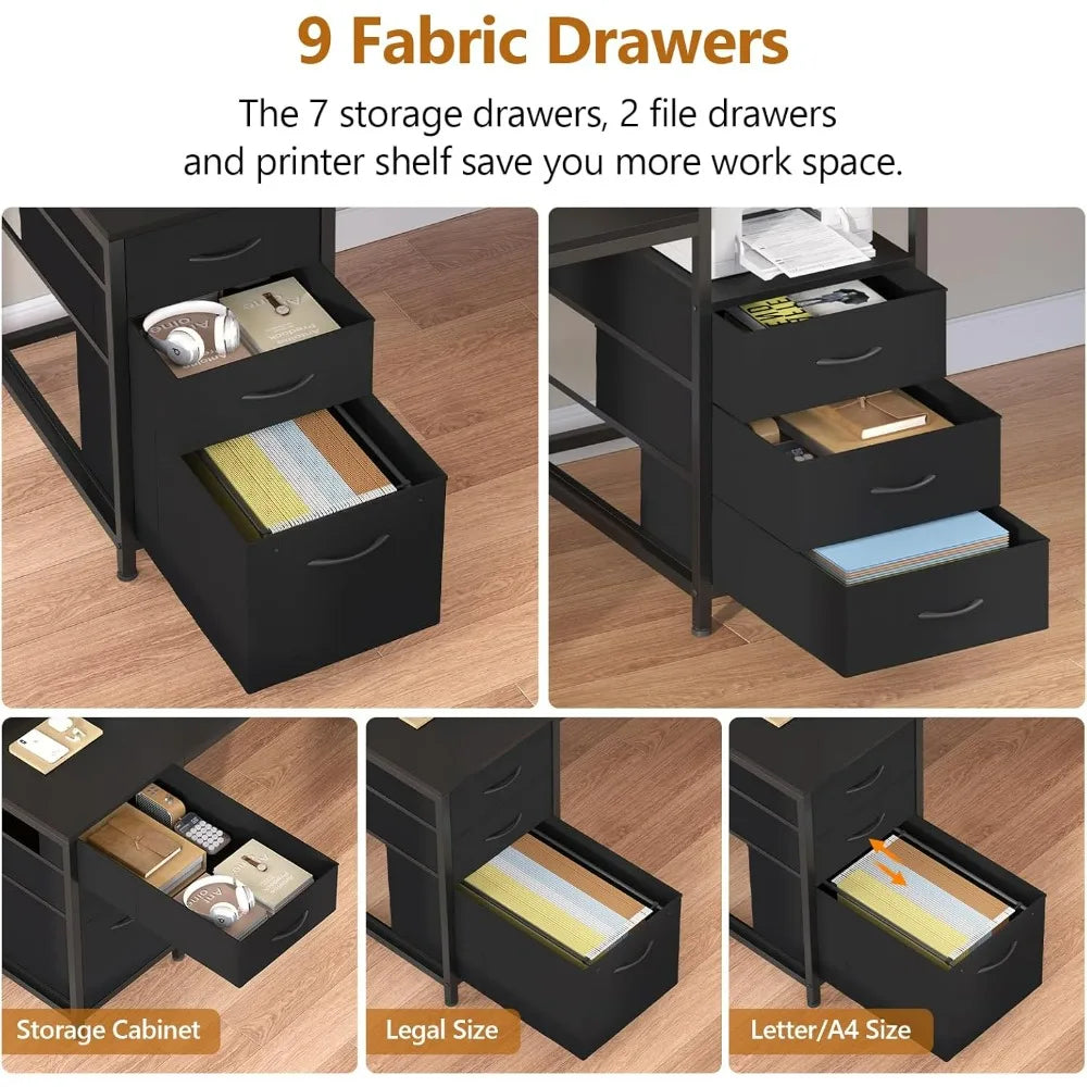 98.4’’ Long Computer Desk with 9 Drawers 2 Person Gaming Desk with LED Lights & Power Outlet Two Person Home Office