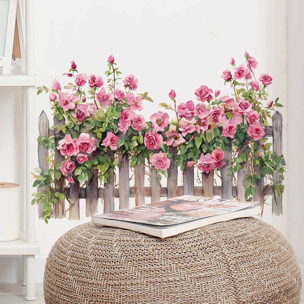 Pink Rose Fence Flowers Wall Art Decor Living Room Self Adhesive Wall Stickers for Bedroom Office Decoration - 40 x 60cm