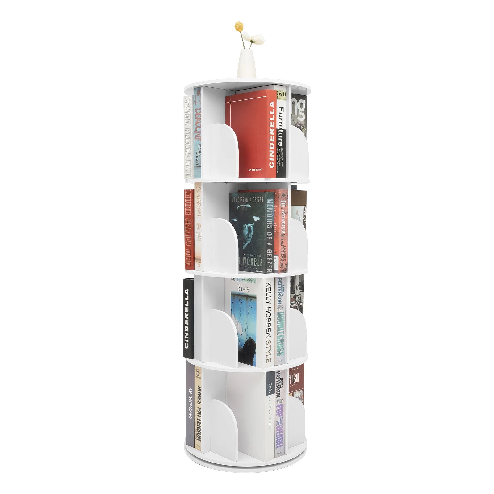 2/4-Tier Wooden Rotatable Bookshelf - 360°Display Floor Standing Storage Rack White Multifunctional Bookshelf Organizer