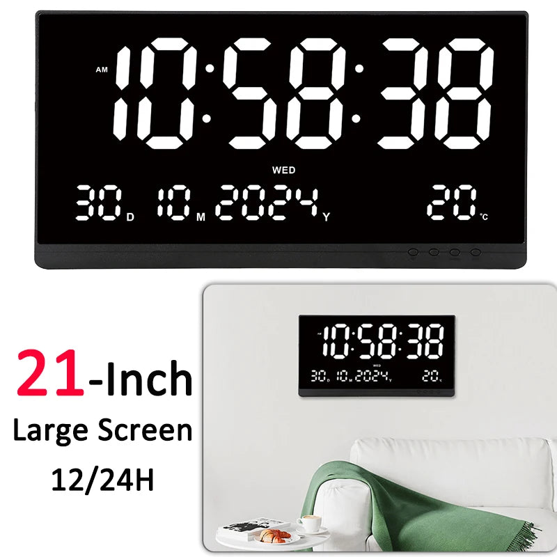 21 Inch Large Digital Wall Clock USB Powered Time Calendar 12/24H Time/Day/Month/Year/Temp Display Electronic LED Alarm