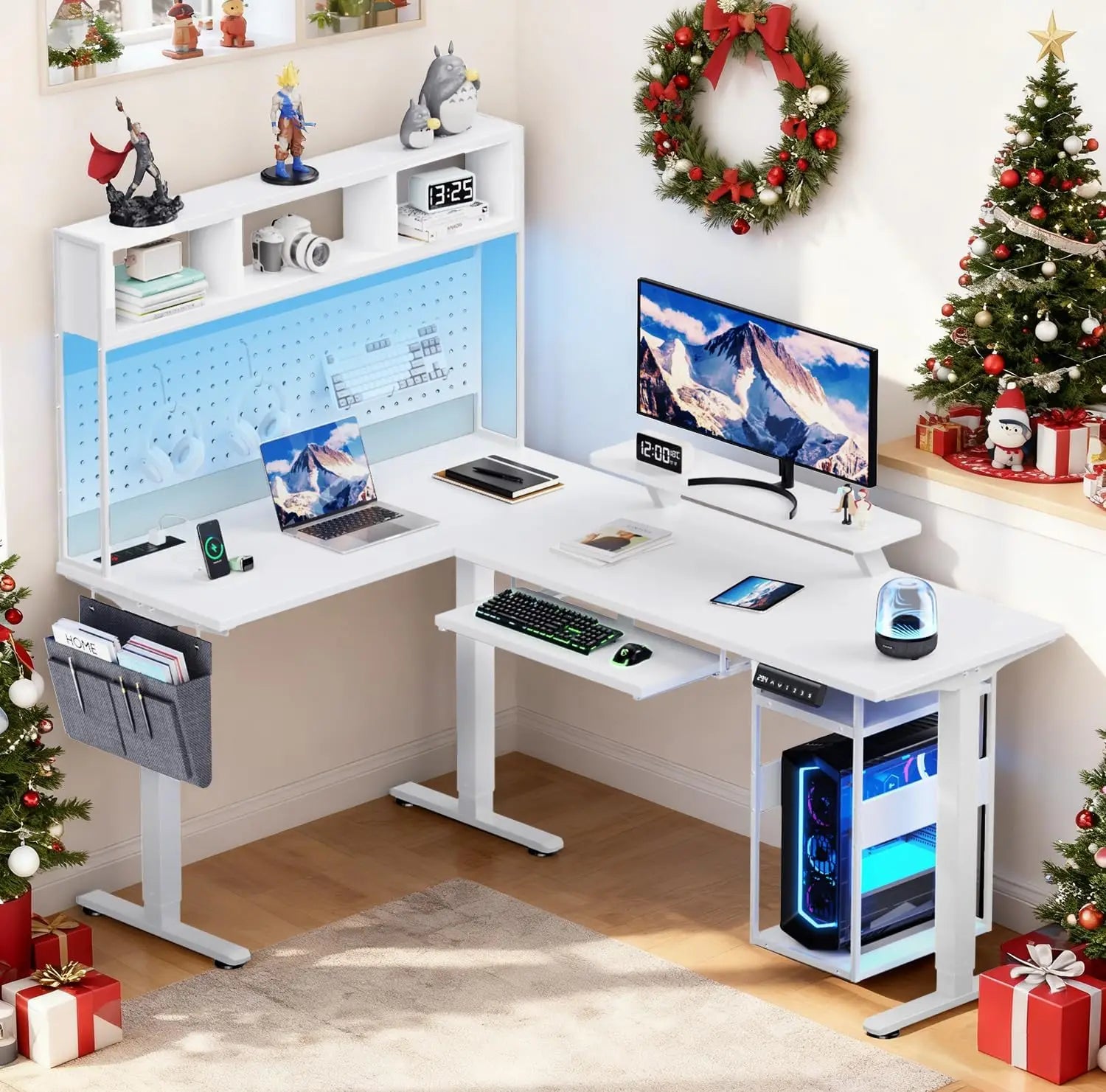 Electric L Shaped Standing Desk Adjustable Height 67’’ x 47’’ Corner Computer Desk with Host Shelf Gaming Desk with LED