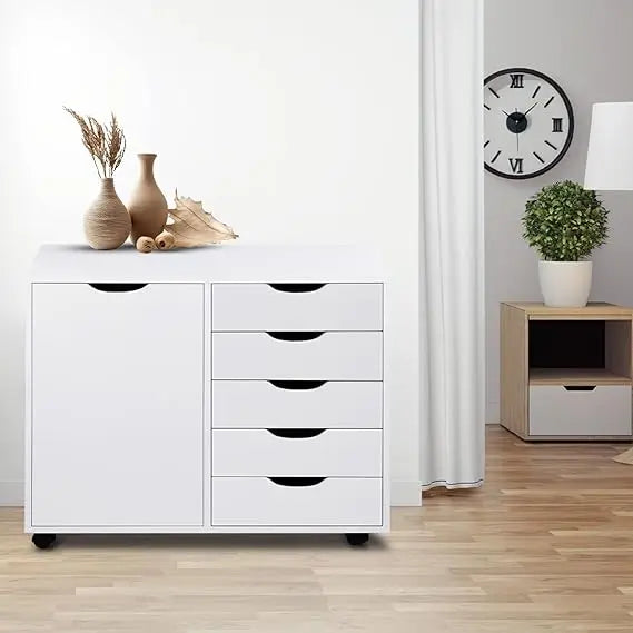 Amy 5 Drawer Chest Wood Storage Dresser Cabinet with Wheels Craft Storage Organization Makeup Drawer Unit for Closet