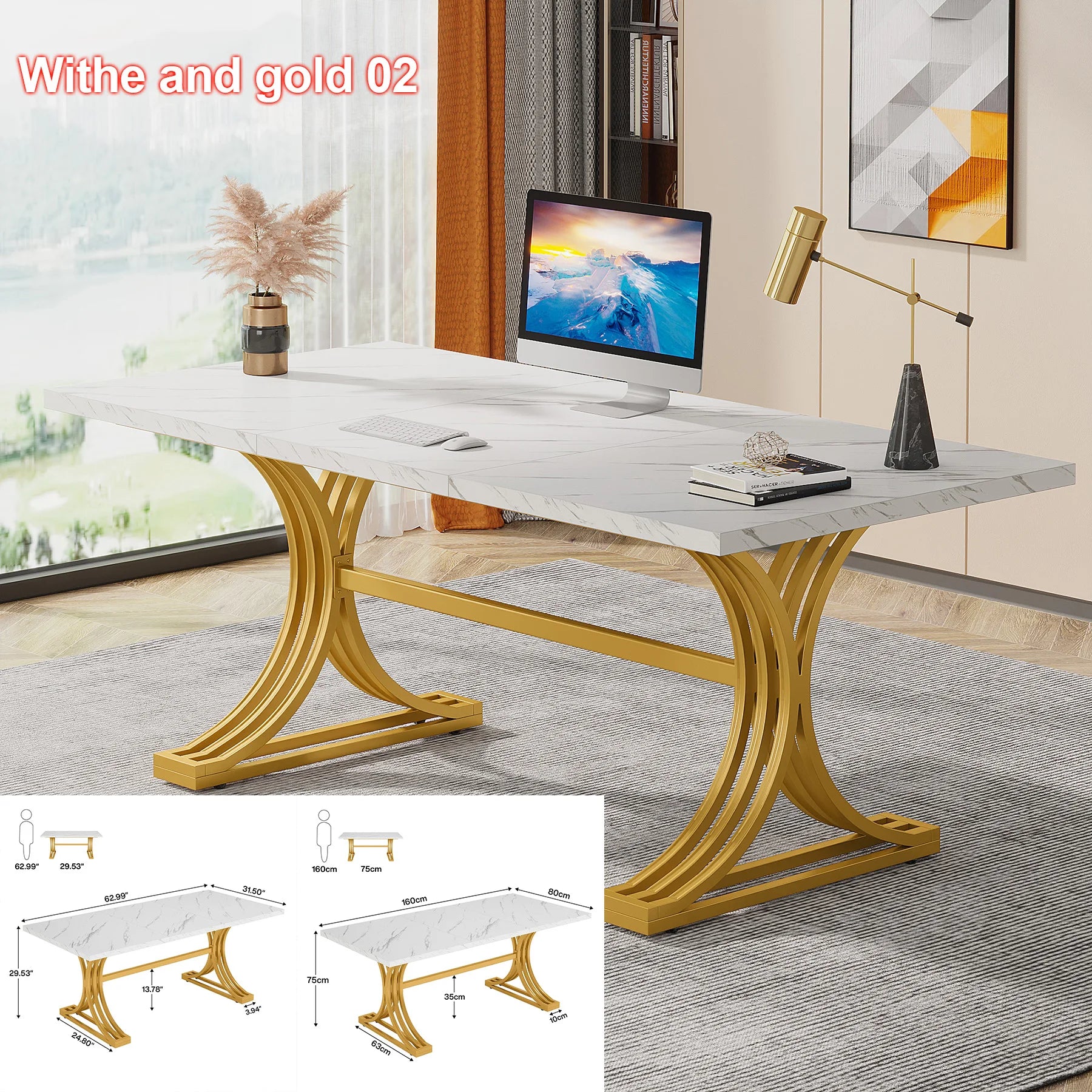 Tribesigns Modern Office Desk 70.9’’ Wooden Computer Desk,Executive Desk with Gold Metal Legs Large Workstation Home