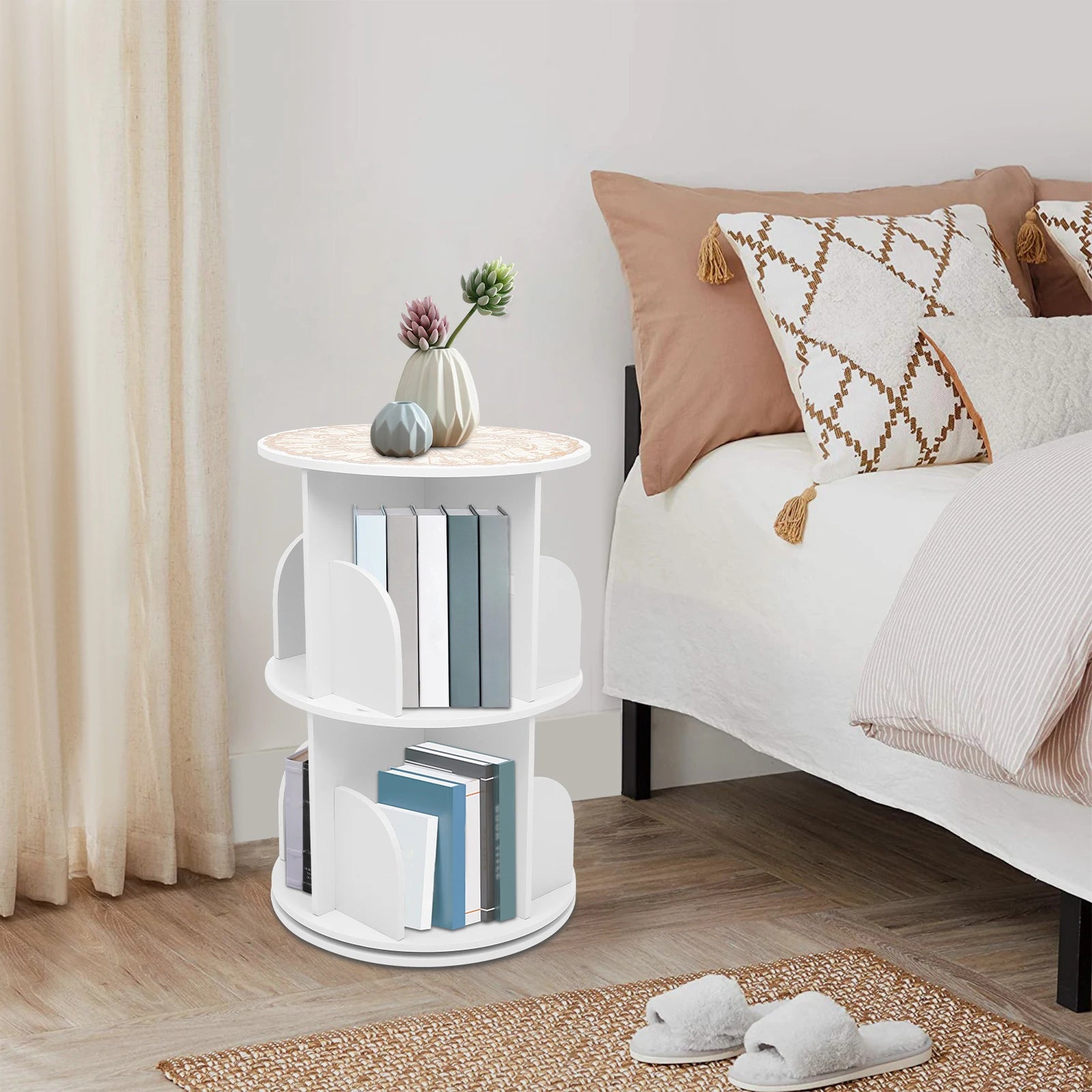 2/4-Tier Wooden Rotatable Bookshelf - 360°Display Floor Standing Storage Rack White Multifunctional Bookshelf Organizer