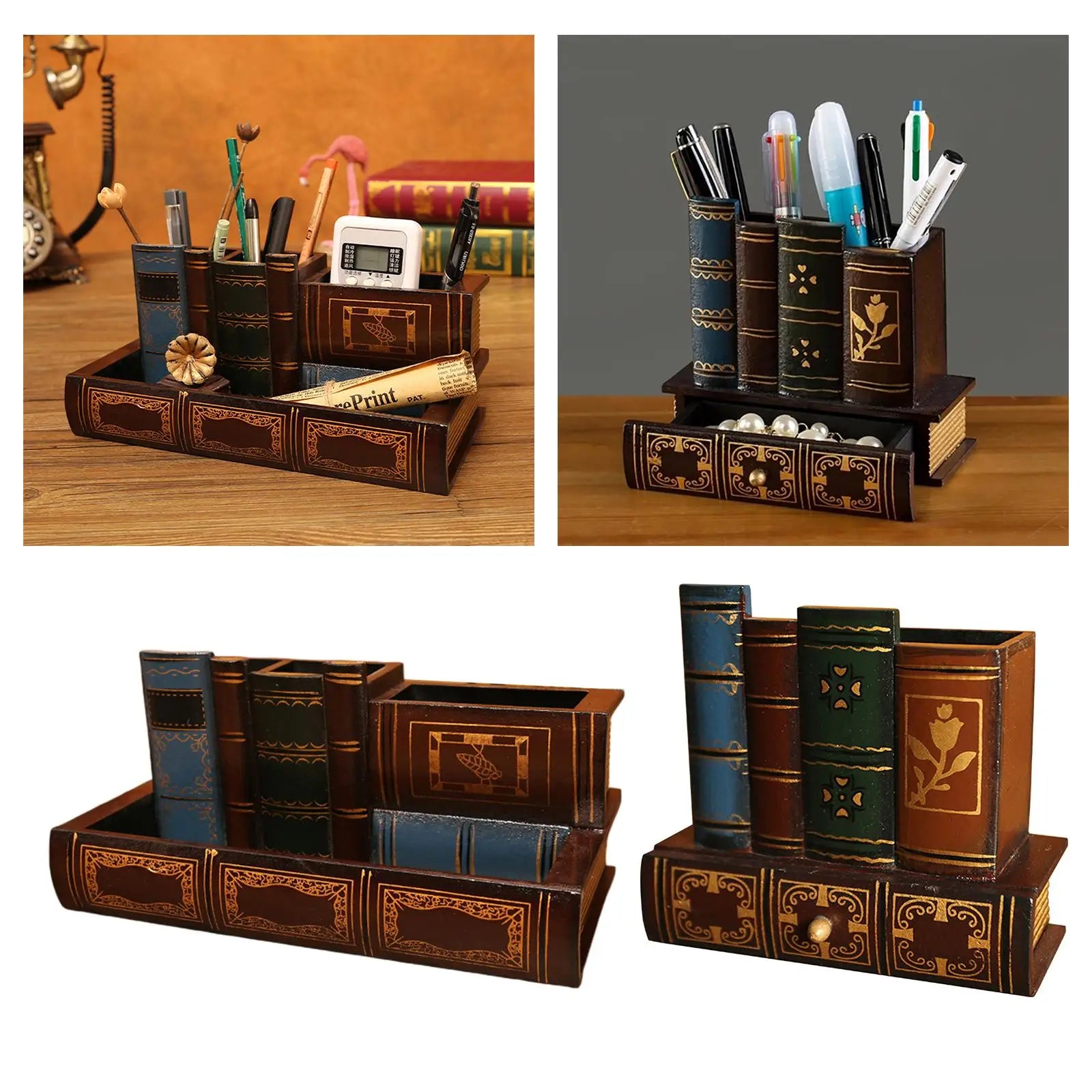 Wooden Pen Holder Book Shaped Multi-Functional Desk Organizer Case Pencils Storage Box Vintage Classroom Table Home