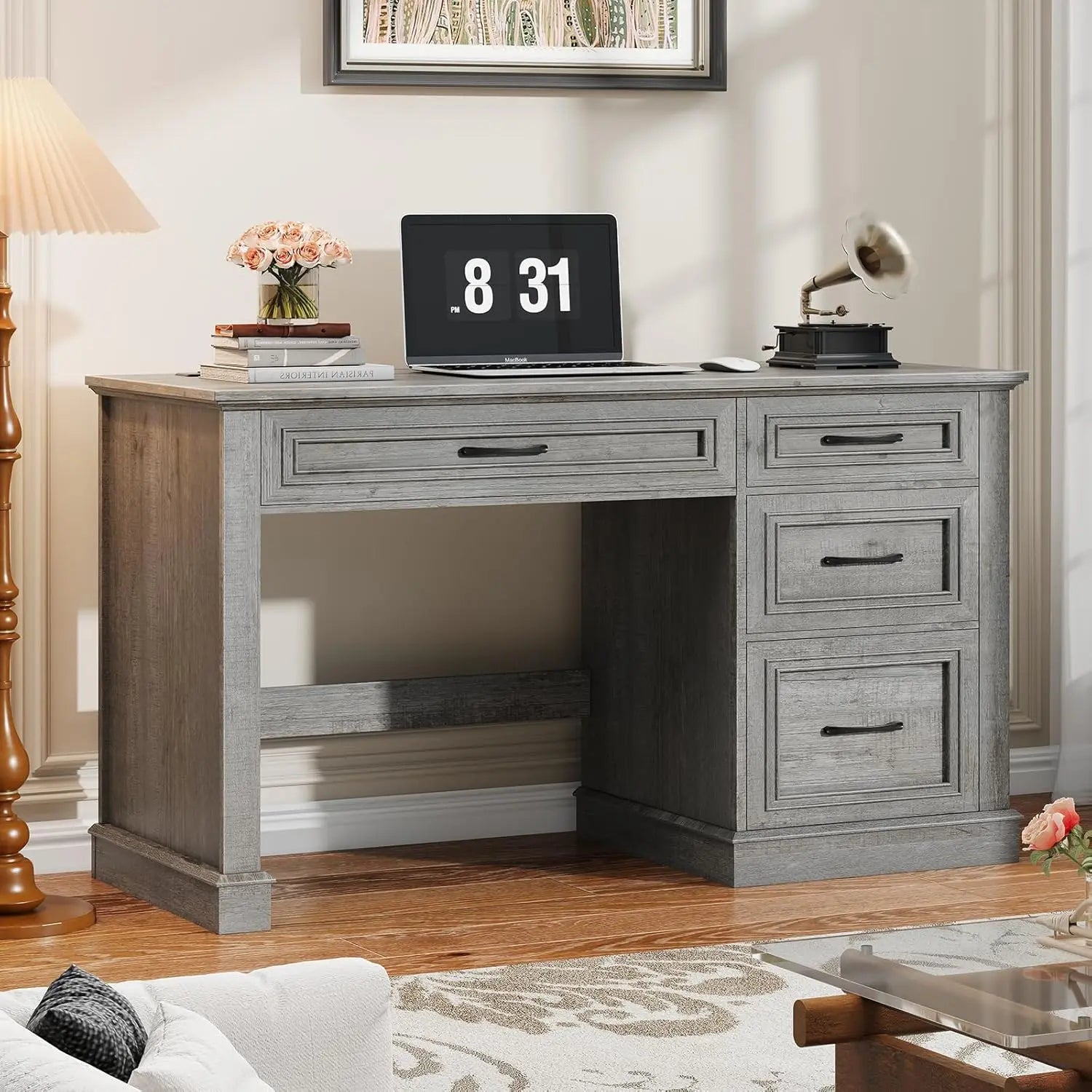 Farmhouse 47’’ Executive Desk Computer Desk with Drawers and File Drawer Workstation Computer Desk with Charging