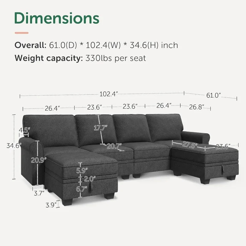 Storage Sectional Sofa with Reversible Chaise U-Shaped Living Room Couch Dark Grey - United States