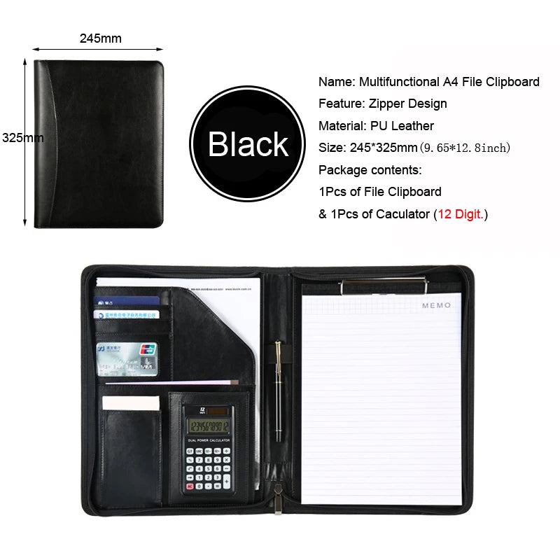 Multifunctional A4 Leather Conference Portfolio Folder for Document Organizer Zippered Man Executive Folder Briefcase