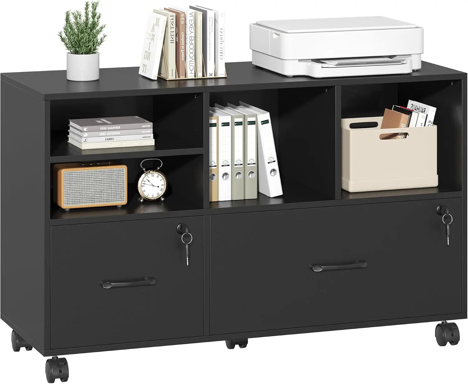 Wood Lateral File Cabinet with Lock,Lockable Rolling Filing Cabinet with Adjustable Storage Shelves,Printer Stand