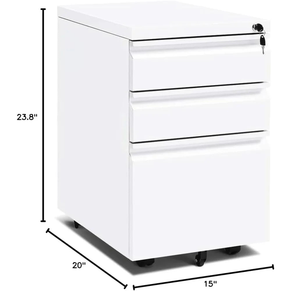 3 Drawer Filing Cabinet with Lock White Mobile File Cabinet with Wheels Rolling Small Metal Cabinets Under Desk