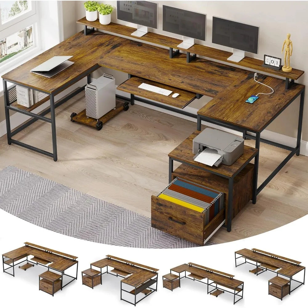Reversible U-Shaped Desk for Home Office 101.5’’ Two-Person Computer Desk with File Cabinet and Power Outlet