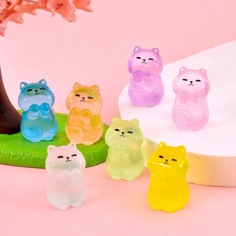 7PCS Mini Lucky Cat Glow At Night Kawaii Home Decor Luminous Cute Cats Miniature Figurine Desk Decoration DIY