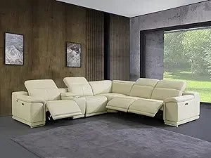 6 Piece Top Grain Italian Leather Sectional Sofa with 3-Power Recliners Adjustable Headrest Lumbar - Beige / United
