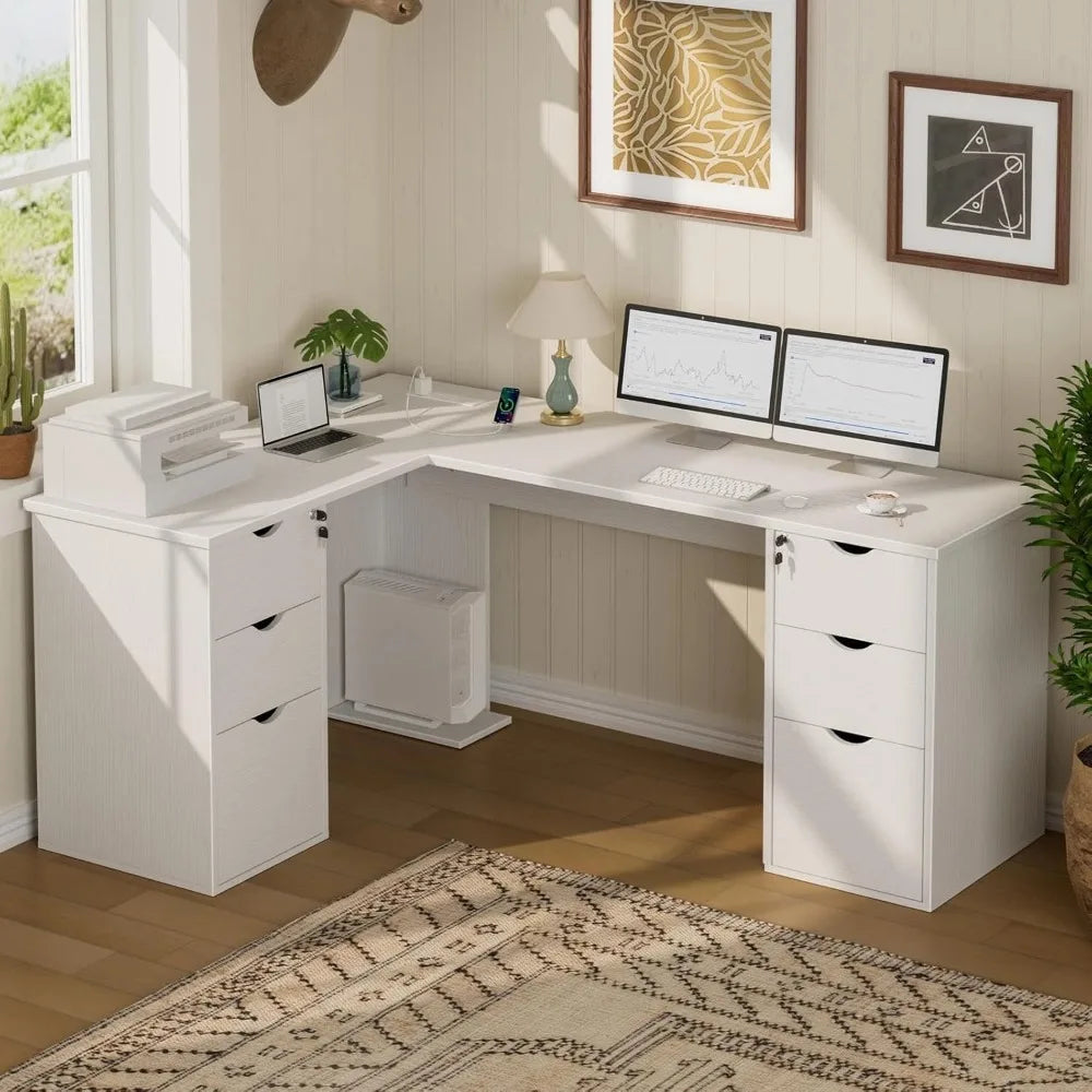 L Shaped Office Desk with Drawers - 66 Inch Modern Large Executive L-Shaped Computer Desk with File Cabinet & Power