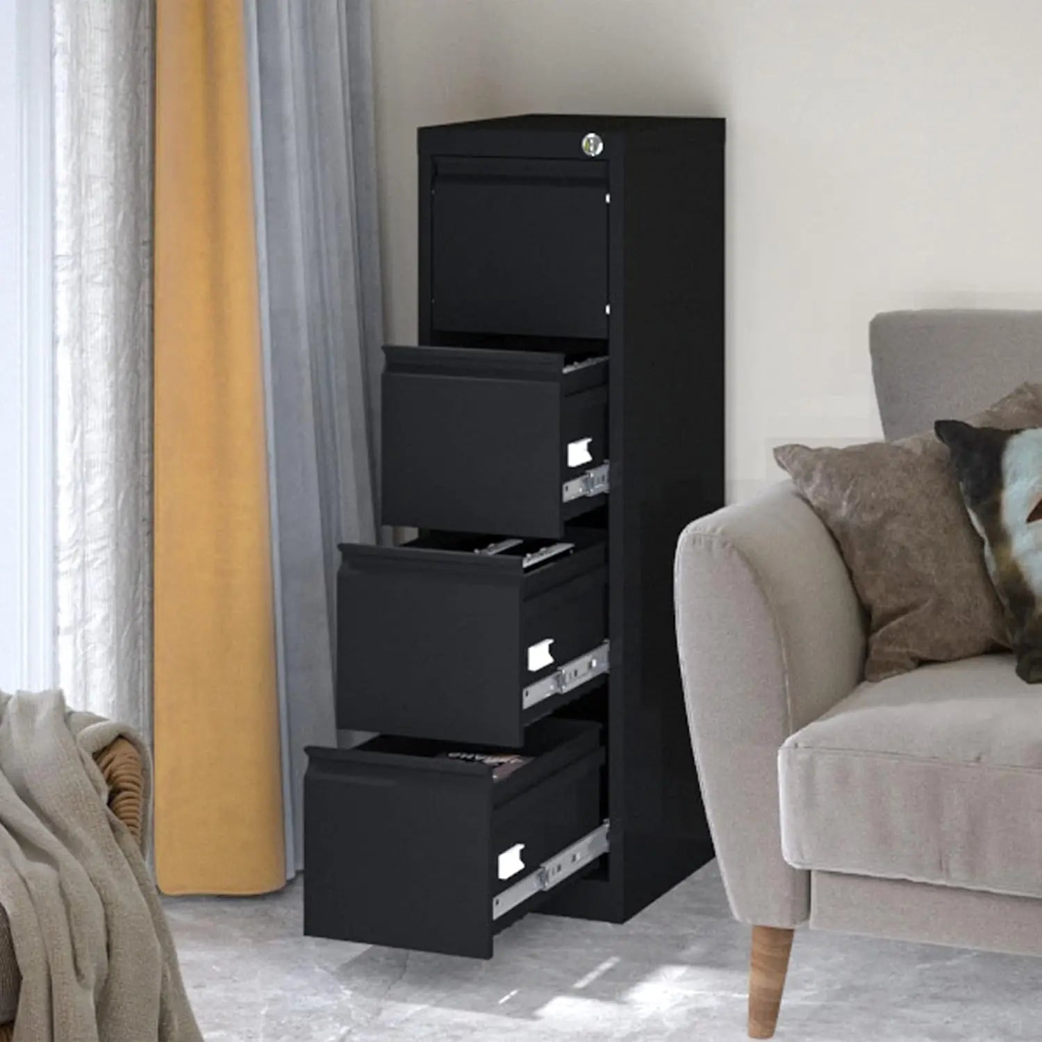 4 Drawer Filing Cabinet Metal Vertical File Cabinet 4 Drawers with Lock Locking Black File Cabinets for Home Office A4