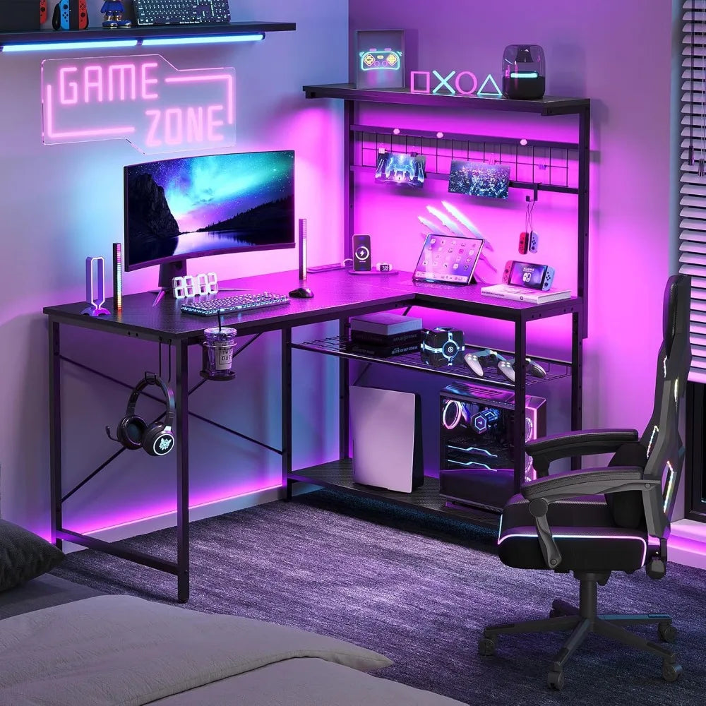 42 L Gaming Desk,Computer Desk with Power Outlets LED Lights Reversible Corner Desk with 4-Tier Shelves,Cup Holder & H