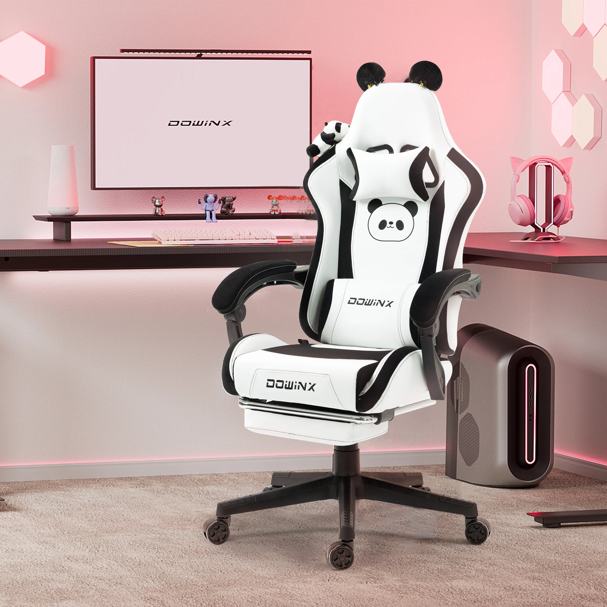 Dowinx Gaming Chair Cute with Cat Ears and Massage Lumbar Support Ergonomic Computer Chair for Girl with Footrest