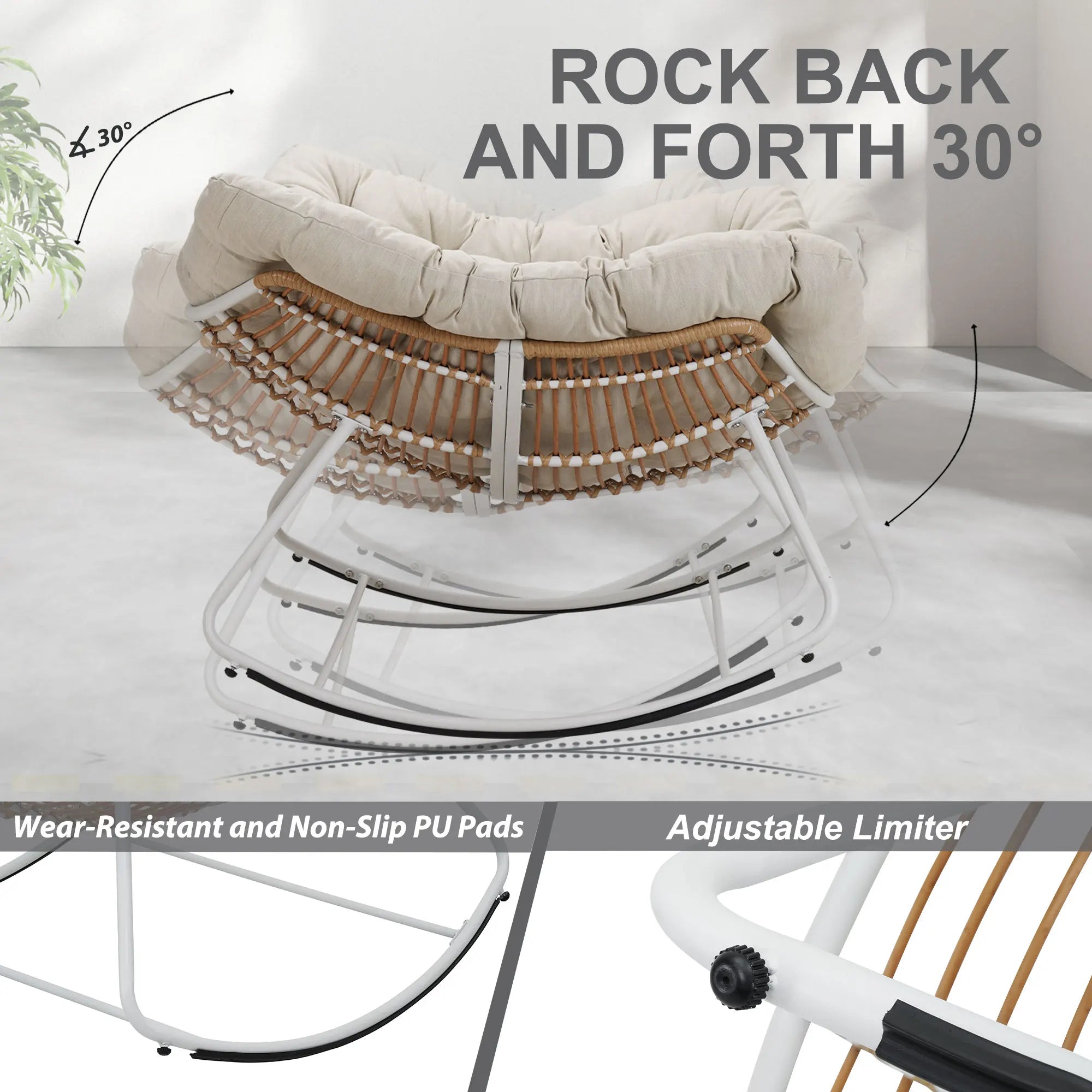 Outdoor Rocking Chair Patio Wicker Egg Chair Indoor Comfy Oversized Papasan Chair with Padded Cushion for Front Porch