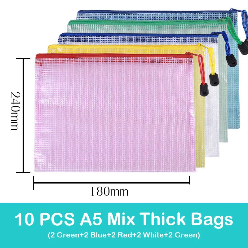 10/20 Pcs Mesh Zipper Pouch Document Bag Waterproof Zip File Folders A4 A5 A6 School Office Supplies Pencil Case