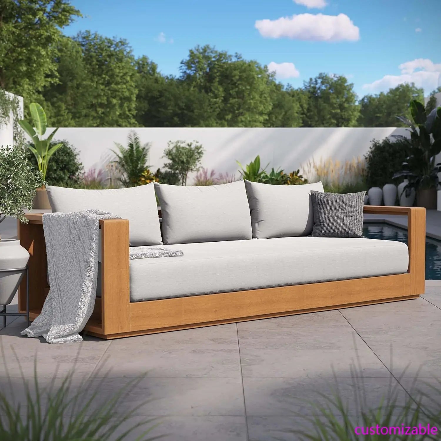 Tahoe Acacia Wood Outdoor Patio Sofa in Natural Light Gray Weather-Resistant Cushions-Ideal as a Porch Couch or Sunroom