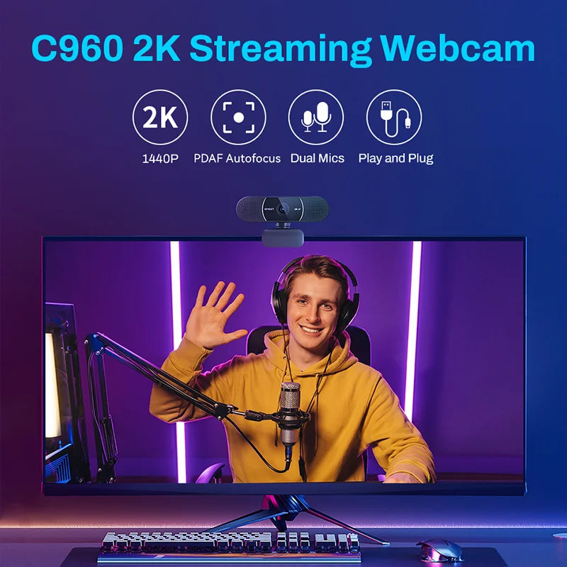 Webcam 2K Web Camera 1080P 60FPS Streaming Camera Autofocus EMEET C960 2K USB WebCam With Microphones for YouTube