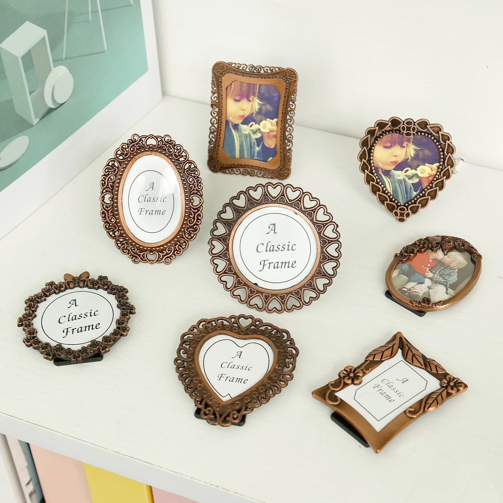 8Pcs Photo Frame Vintage Picture Frame Metal Picture Holder Photo Display Frame for Gallery Office Tea House Office